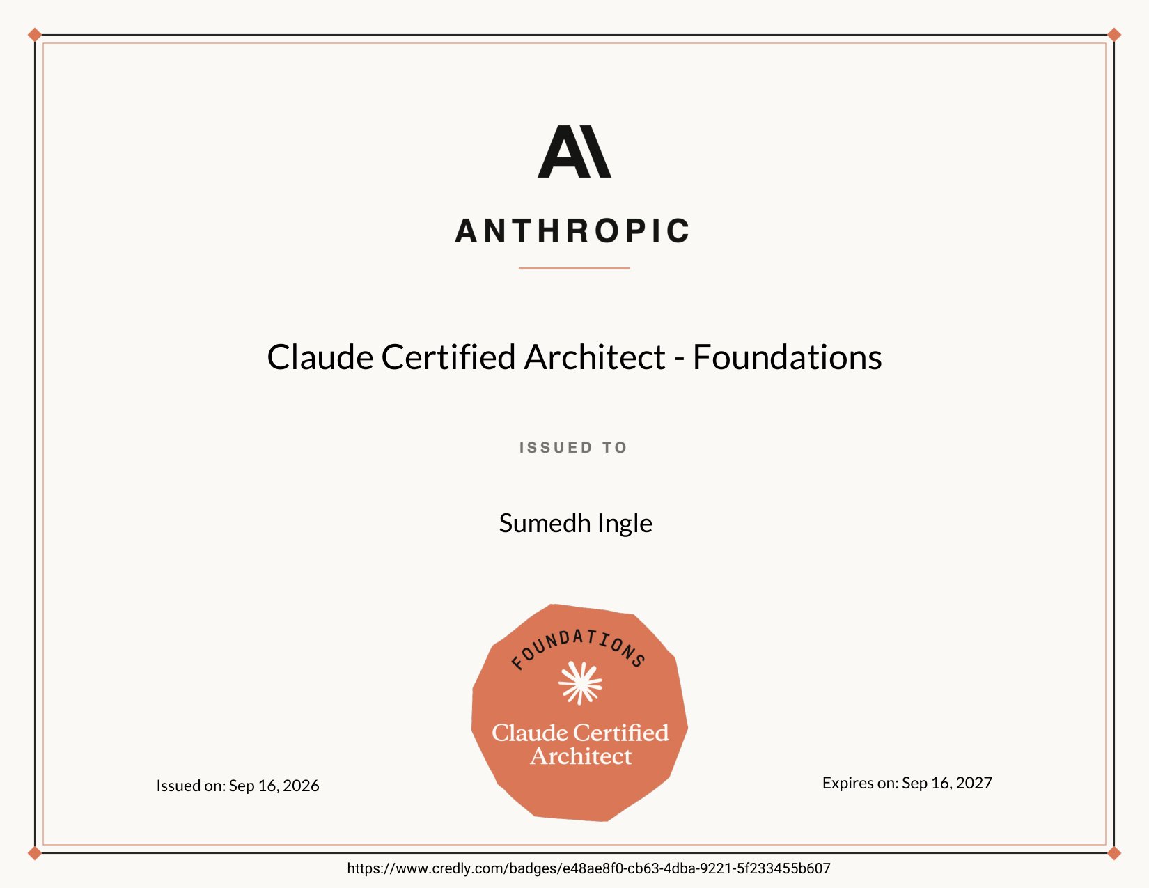 Claude Certified Architect – Foundations certificate issued to Sumedh Ingle