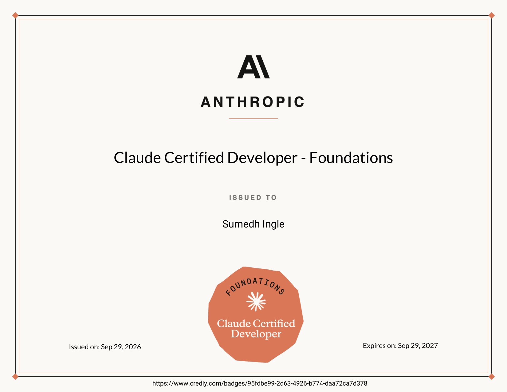 Claude Certified Developer – Foundations certificate issued to Sumedh Ingle