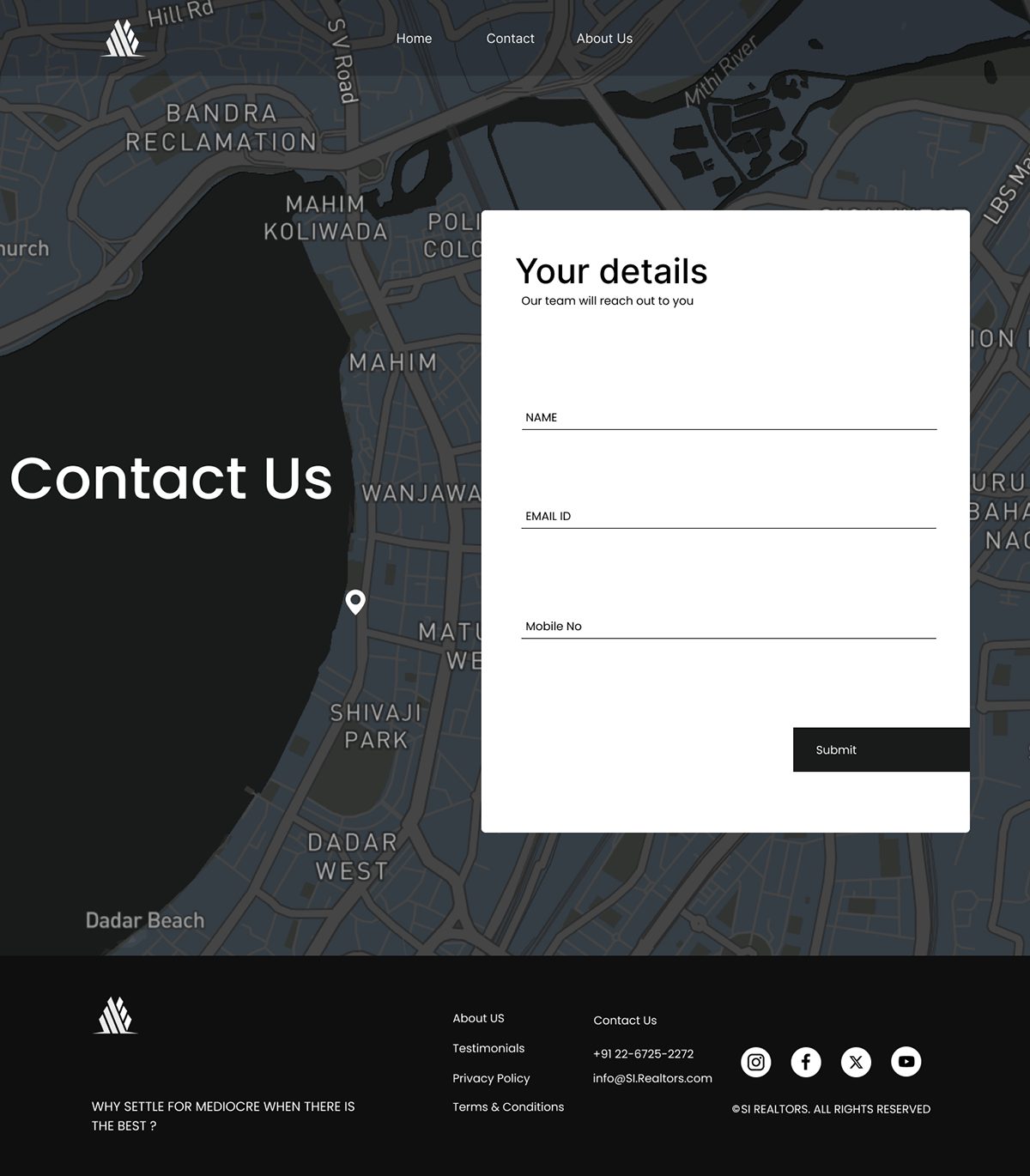 Contact page over a map of Mumbai